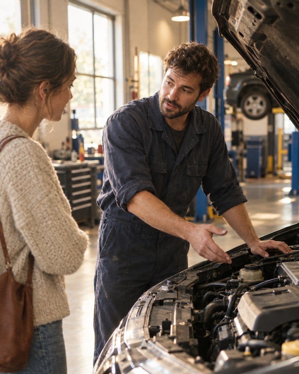 A mechanic talking with a customer beside a car with the hood open