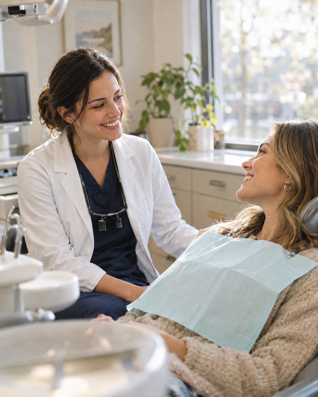 A dentist talking with a smiling patient in the chair