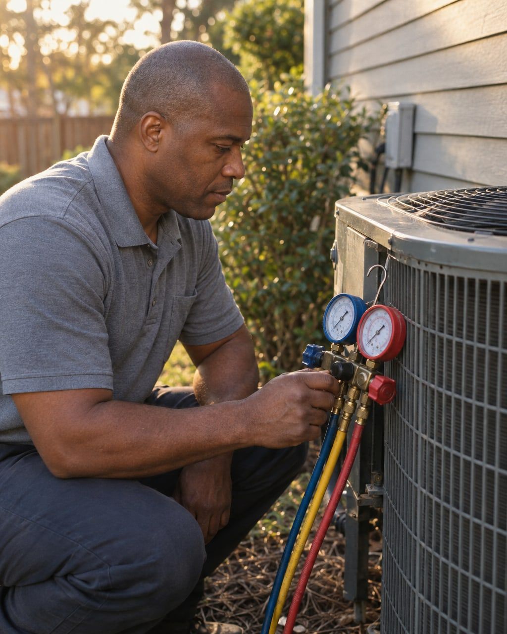 An HVAC technician checking gauges on an outdoor condenser