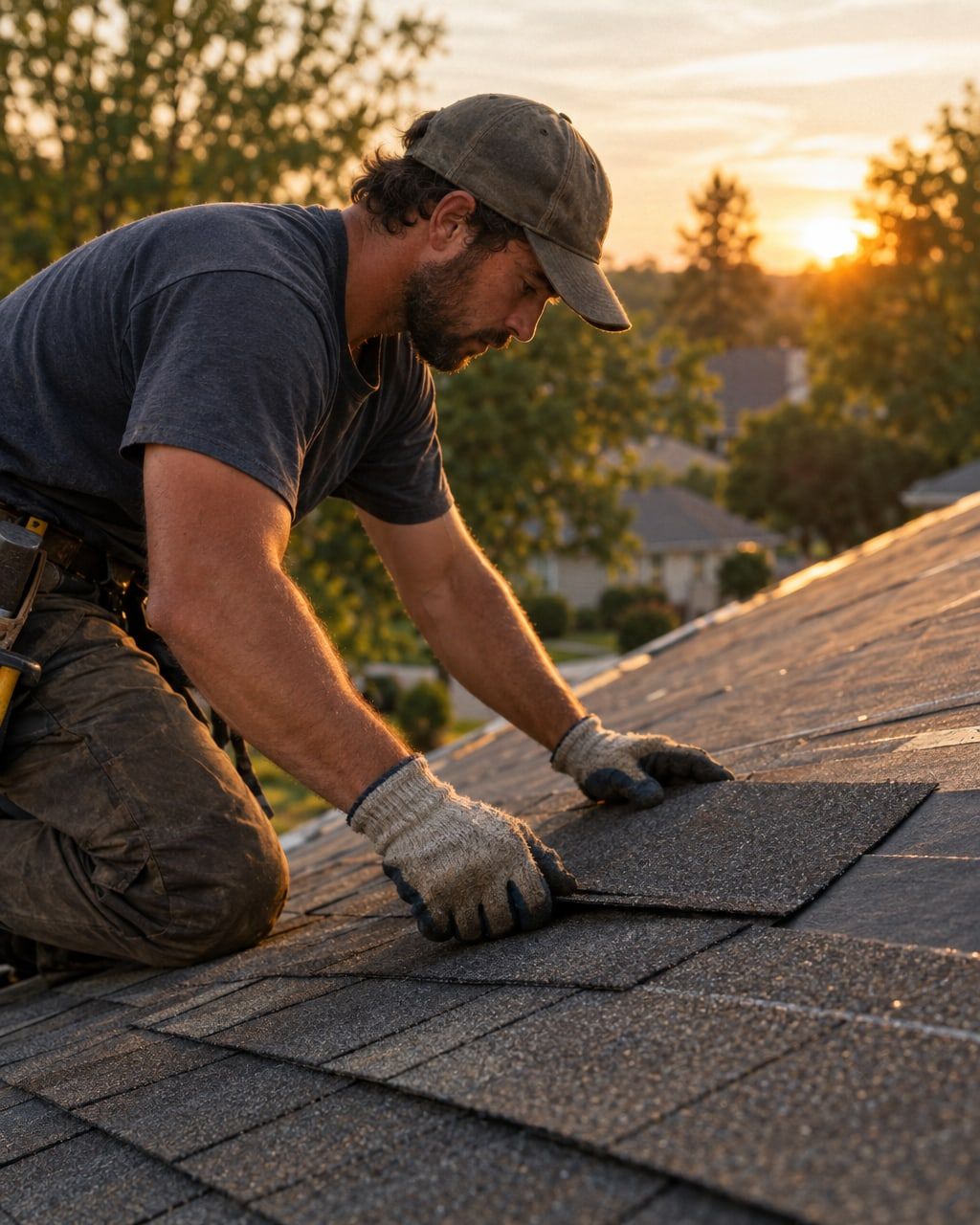 A roofer laying shingles on a house roof at golden hour